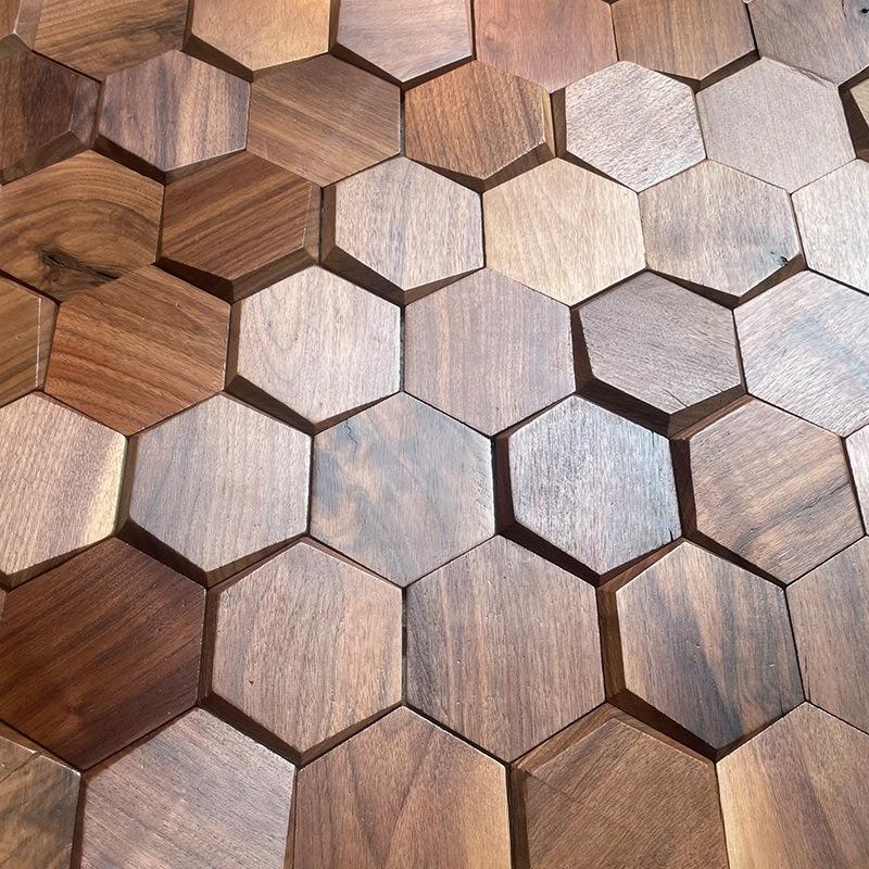Black Walnut Hexagon 3D Stereo Mosaic Wall Hanging Decoration Hotel Bar Cafe Background Decoration Modern Wall Hanging Decor