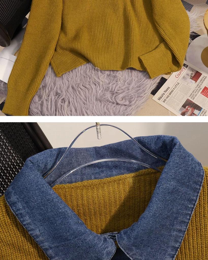 2025 Retro Denim Collar Knit Cardigan: Women's Loose Fake Two-Piece Short Design