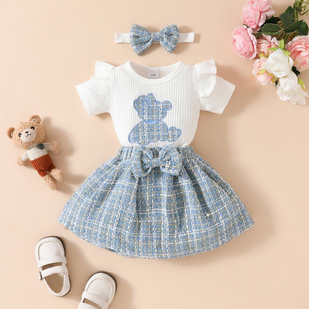 Girls Casual Fashion Set Summer Children Cute Bear Short Sleeve Skirt Set
