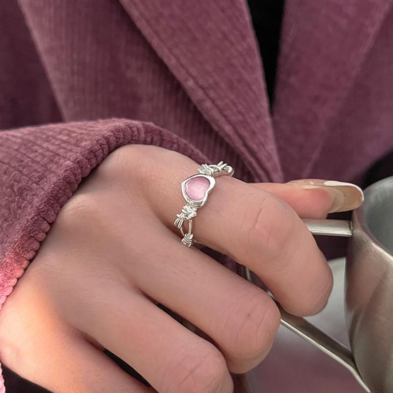 Stylish Pink Heart Shaped Adjustable Copper Ring For Women In Trendy Ins Style