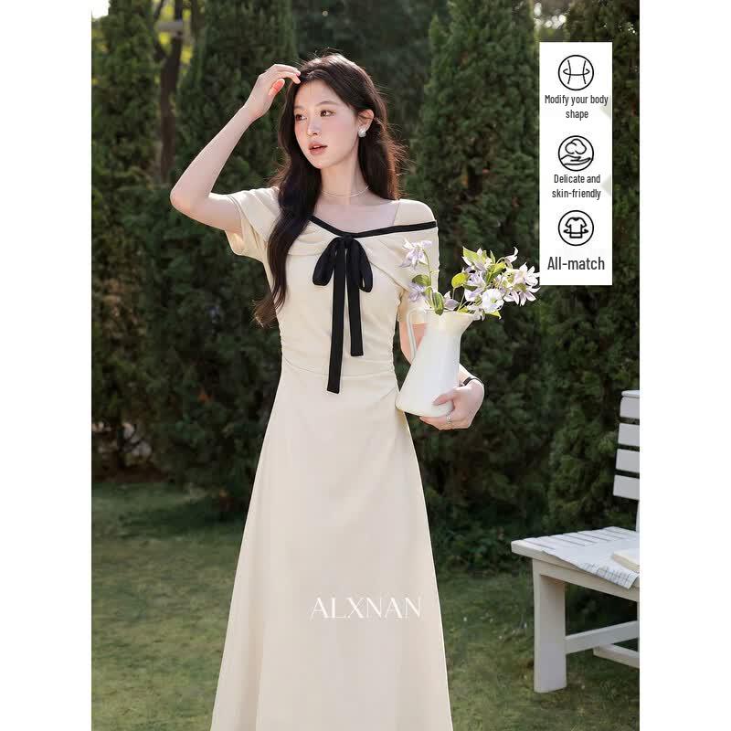 Lu Xiang Nan French Style Apricot Bow Belted A-line Long Dress L