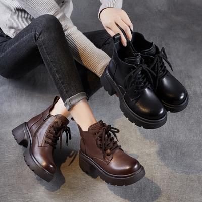 Chaussures en Cuir à Semelles Épaisses, Bottines Courtes Nouveau Style pour Femmes, Bottes d'Automne-Hiver pour Femmes