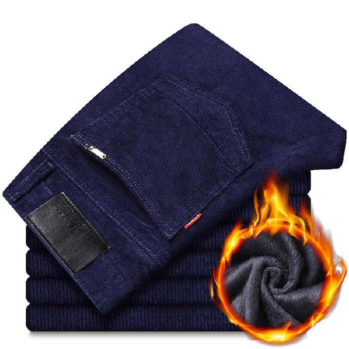 Winter New Men'S Thick And Warm Elastic Striped Velvet Pants With Corduroy, High Waisted Casual Pants, Straight Leg Loose Pants