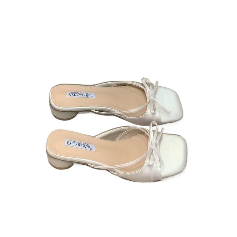 New Style Luxury Designer Summer Butterfly-knot Lace Women Slipper Casual Thick Low Heel Dress Street Style Slides Zapatos Mujer