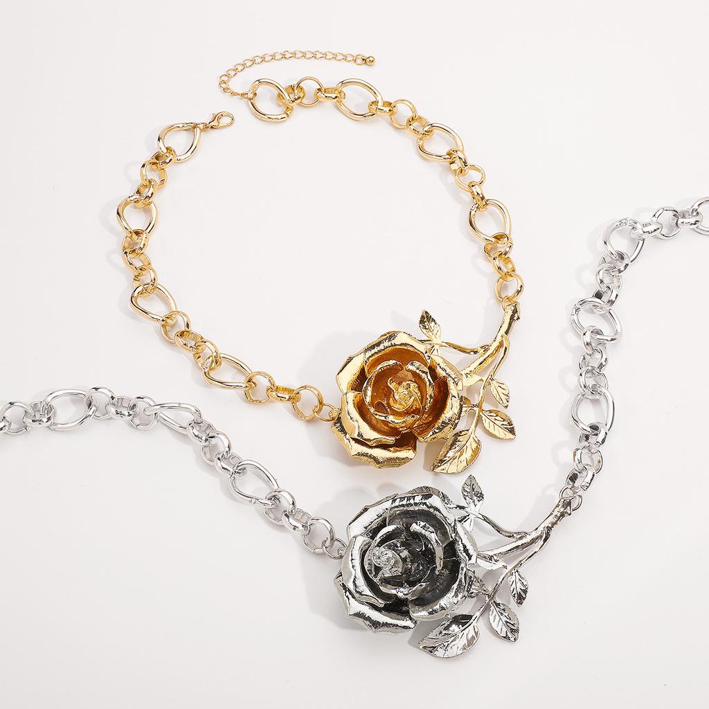 Tooxika Exaggerated Three-dimensional Metal Wind Collarbone Chain Sweet Cool Rose Flower Pendant Necklace Women