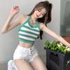 Women Striped Halter Sexy Sweet Tank Tops Backless Bandage Exposure Navel Knitted Camisole