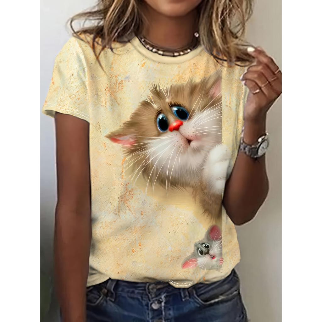 Women's TShirt Cat Print Design Harajuku Casual Short Sleeved Top Fashionable Trend Clothing