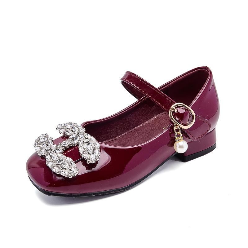 

High-heeled girls princess shoes for spring and autumn2026New style little girl s leather shoes with dress, soft-soled children s crystal shoes 25（Insole Length16.7CM вино красного
