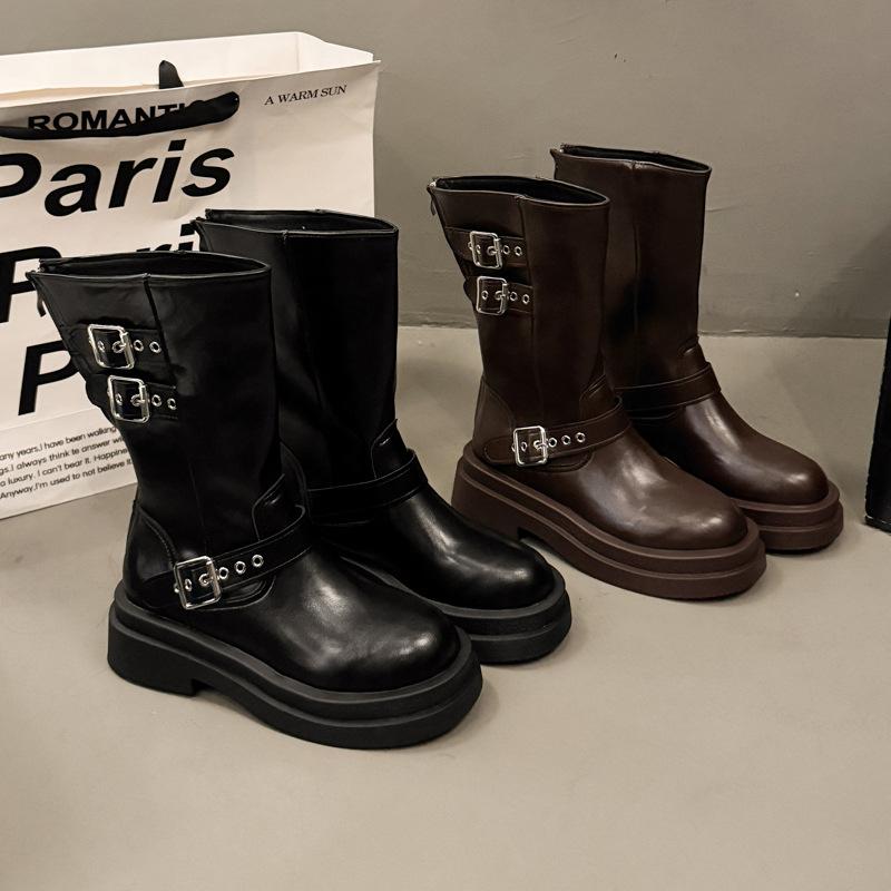 Soft leather version~ retro belt buckle locomotive knight boots women's new round head thick heel medium tube boots big tube Martin boots
