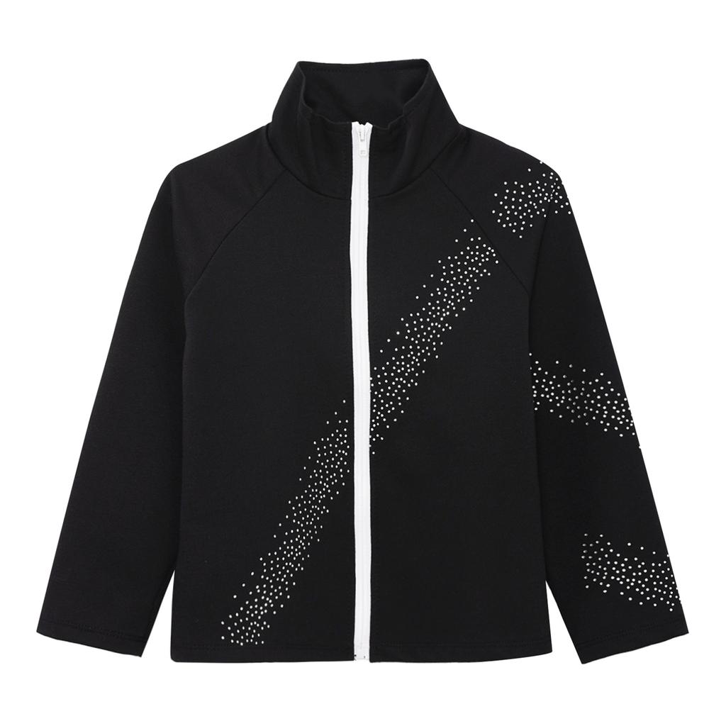 Unisex Kids Long Sleeve Stand Collar Rhinestones Decorated Zipper Outerwear Jacket Skating Workout Sports Top