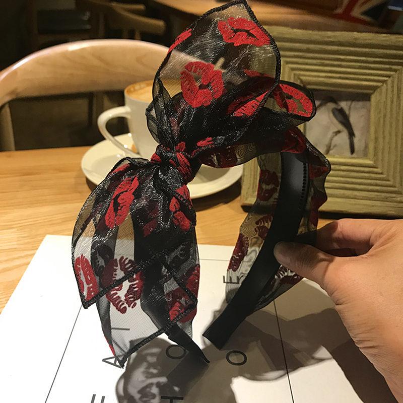 Bow Hairband Toothed Black Mesh Bow Headband For Women Double Layers Bow Hairband With Lips Print Adults Side Bow Headband Girls