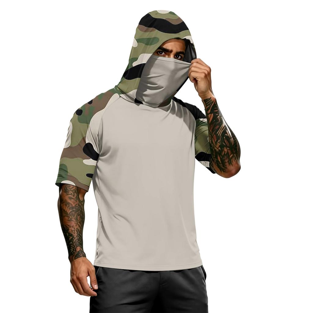 Camiseta con Capucha de Manga Corta para Hombre Casual Estampado de Camuflaje Manga Raglán Pulóver Top Ligero para Deportes al Aire Libre