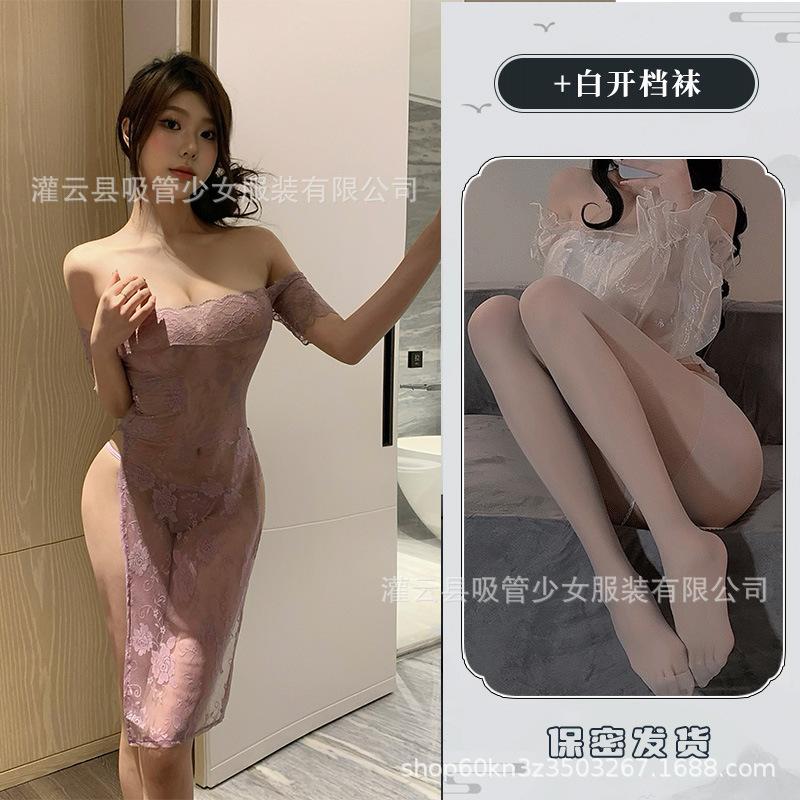 Lace perspective tube top dark flower shoulder dress pure desire lingerie royal sister