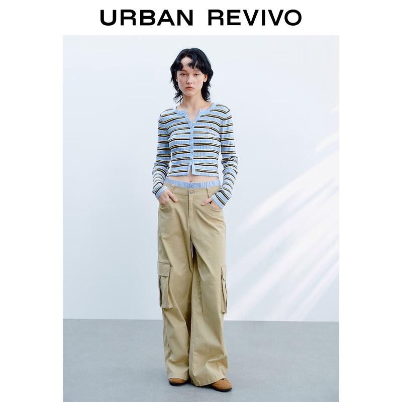 UR 2025 Autumn Women's Color-block Textured Ultra-short Knit Cardigan