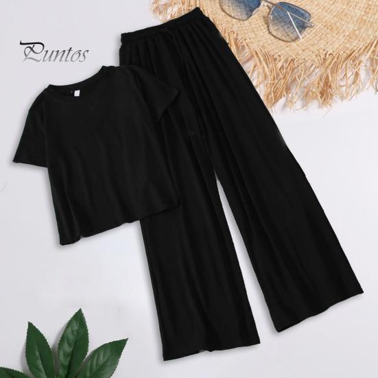 Women T-shirt Trousers Set 2 Pcs/Set Pants Solid Color Round Neck Short Sleeves Elastic Lady Top Waist Wide Leg Homewear Drawstring Suit Clothes