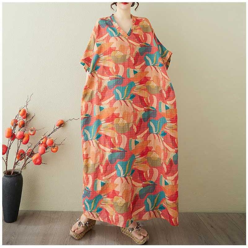 Women's Vintage Long Dress with Cotton and Linen Patterns
