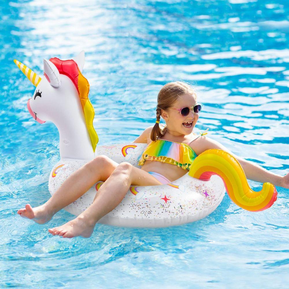 1pc Unicorn Shape Inflatable Pool Float with Glitters Inflation Swimming Ring for Outdoor Water Inflatable Lounge Raft Tube
