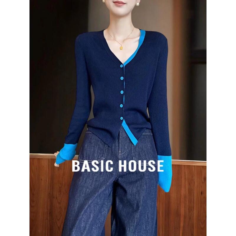 Basic House Women s Colorblock V-Neck Knitted Cardigan S