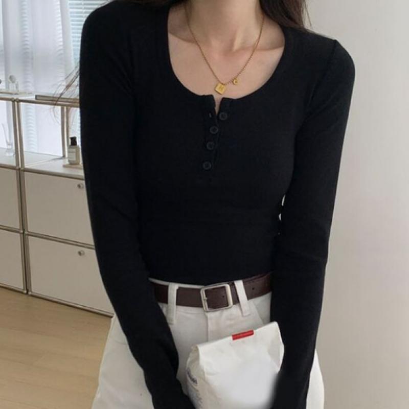 Shop Women S U Neck Ribbed Half bUtton Slim Long Sleeve Top Wld wSh SiS677