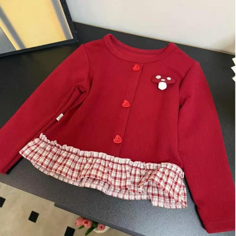 Girls Long Sleeve T-Shirt Winter Warm Cotton Blend Top With Lace Trim 3D Letter Print Red Base Layer