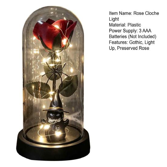 Repeated Use Festival Ornament Halloween Indoor Light Up Rose in Plastic Dome Cloche, Artificial Preserved Spider Theme Party Props Night with Pumpkin