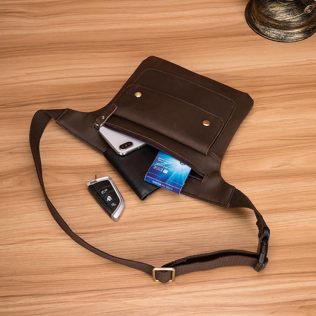 Crazy Horse Leather Men's Vintage Travel Fanny Waist Belt Bag Pack Satchel Sling Bag Design Phone Cigarette Case Pouch Male