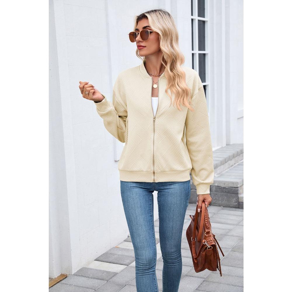 Women's Long-Sleeve Jacket Fall/Winter Solid Color Crew Neck Zipper Loose-Fit Long-Sleeve Sweatshirt Women's Baseball Jacket