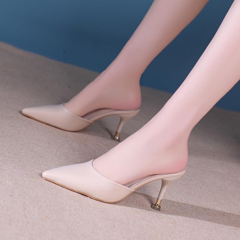 

Fashion High Heel Summer Modern Slippers Outside Sexy Ladies Shoes 2024 High Quality Solid Shallow Women s Slippers 34 бежевый