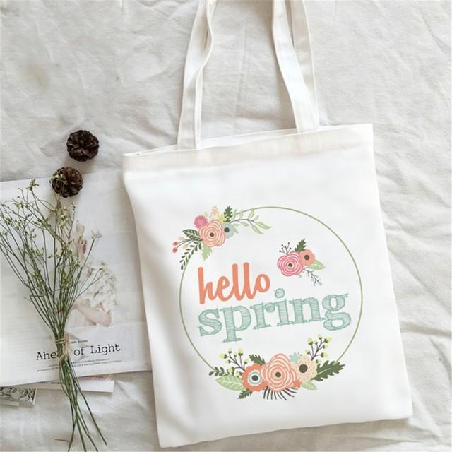 Dobrý den Jarní Květiny Potisk Nákupní Taška Ženy Plátěná Taška přes Rameno Ulzzang Eko Velkokapacitní Dámská Nákupní Taška Kabelka