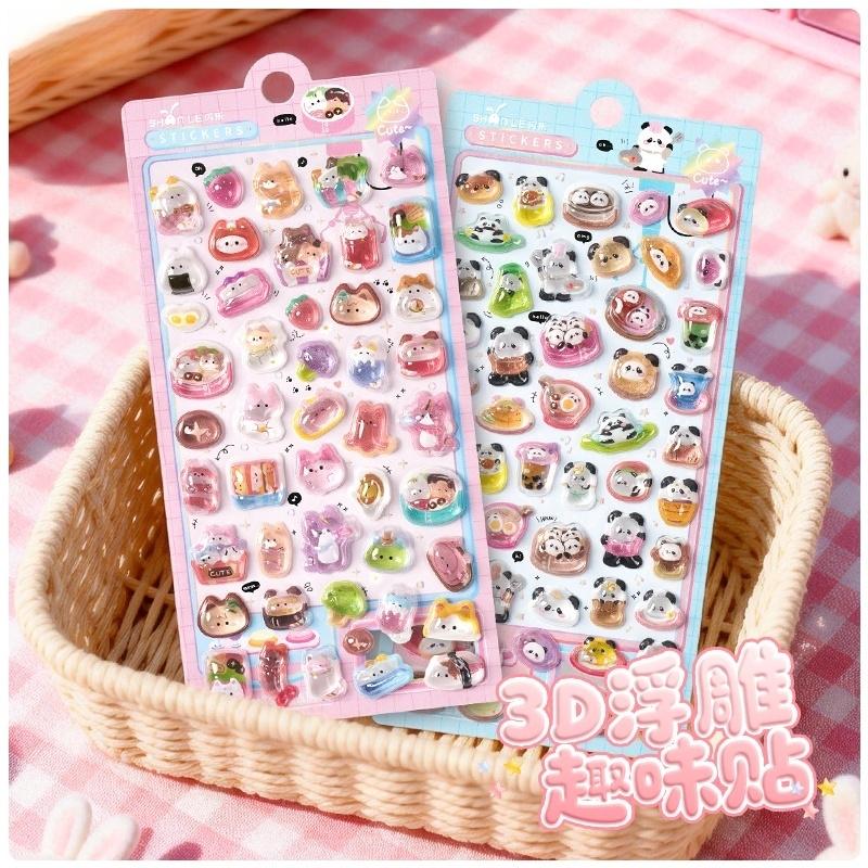 1Pcs/4Pcs Cute Animals Sweet 3D Relief Stickers Journaling Diy Diary Stationery Sticker Decor School Supplies Gift