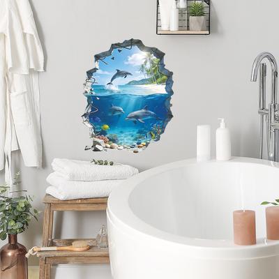 Sticker Breaking Through The Wall - Dolphin Sticker, Underwater World Sticker, Bathroom and Toilet Wall Decoration Sticker, Wall Paper