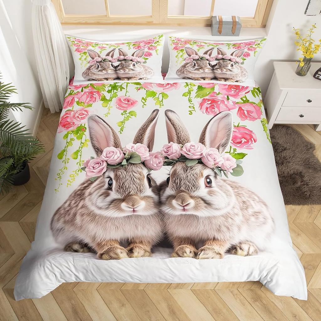 Easter Rose Rabbit Duvet Cover Cute Bunny Happy Easter Bedding Set Full for Kids Boys GirlsRustic Flower Animal Comforter Cover