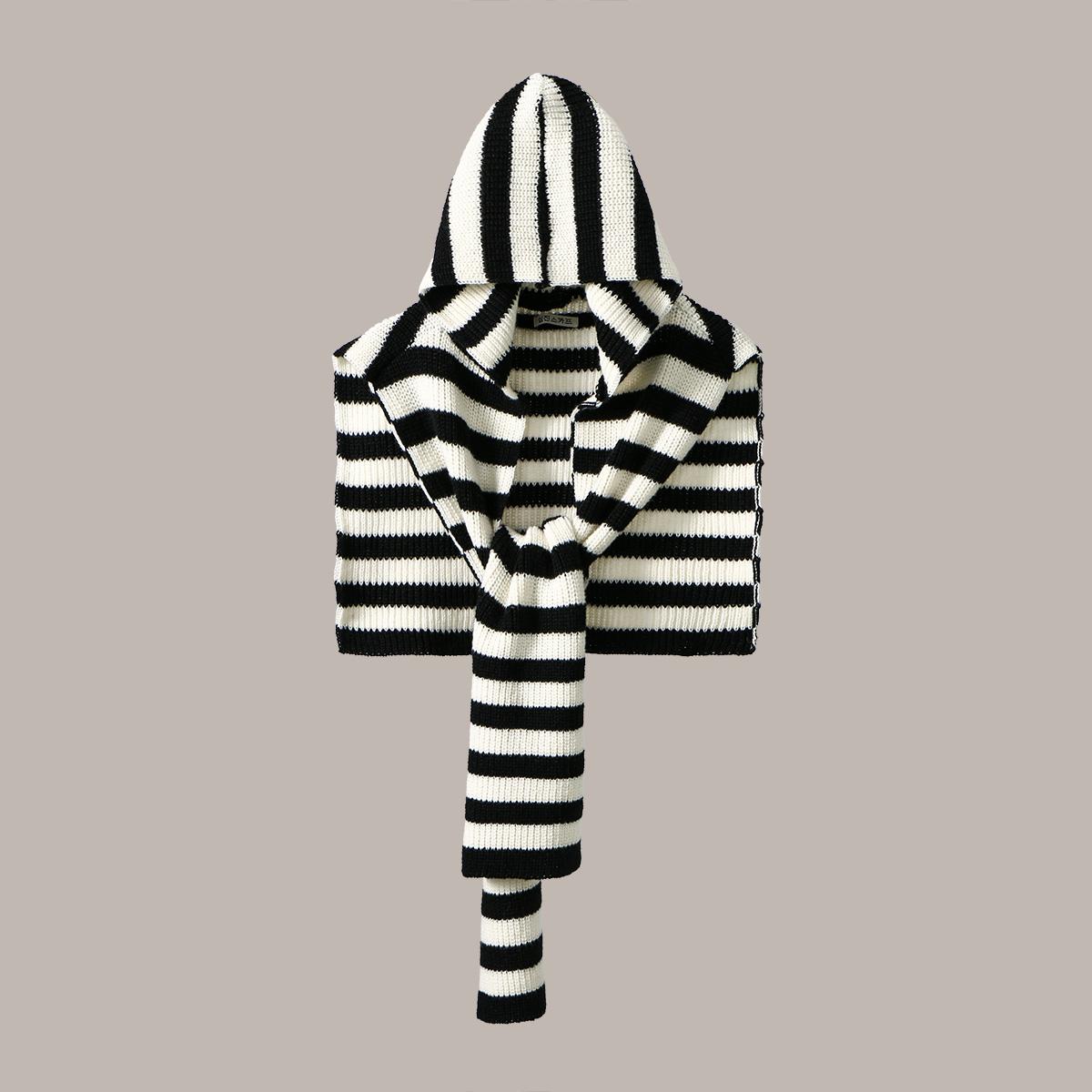 

Ladies Fashion Scarf Shawl Winter Warm Black And White Striped Knitted Shawl Hooded Scarf Sweater Wrap Autumn Winter Coat Type