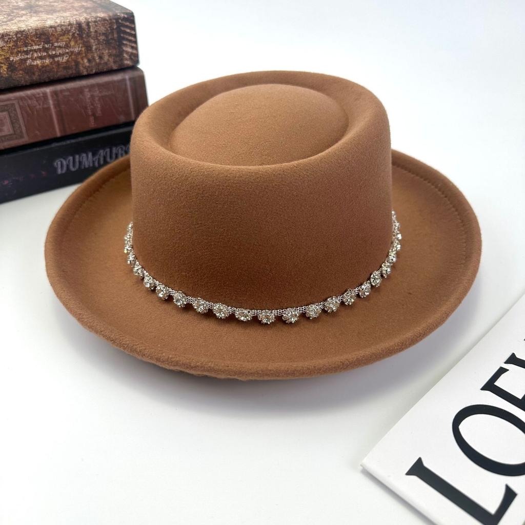 New Four Seasons Top Hat Diamond Felt Hat Curled Flat Top Fashion Versatile Sunscreen Women'S Hat