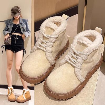 White Lace-up Warm and Non-slip Thick-soled Snow Boots, Women's Winter Velvet and Thicker New Cotton Shoes