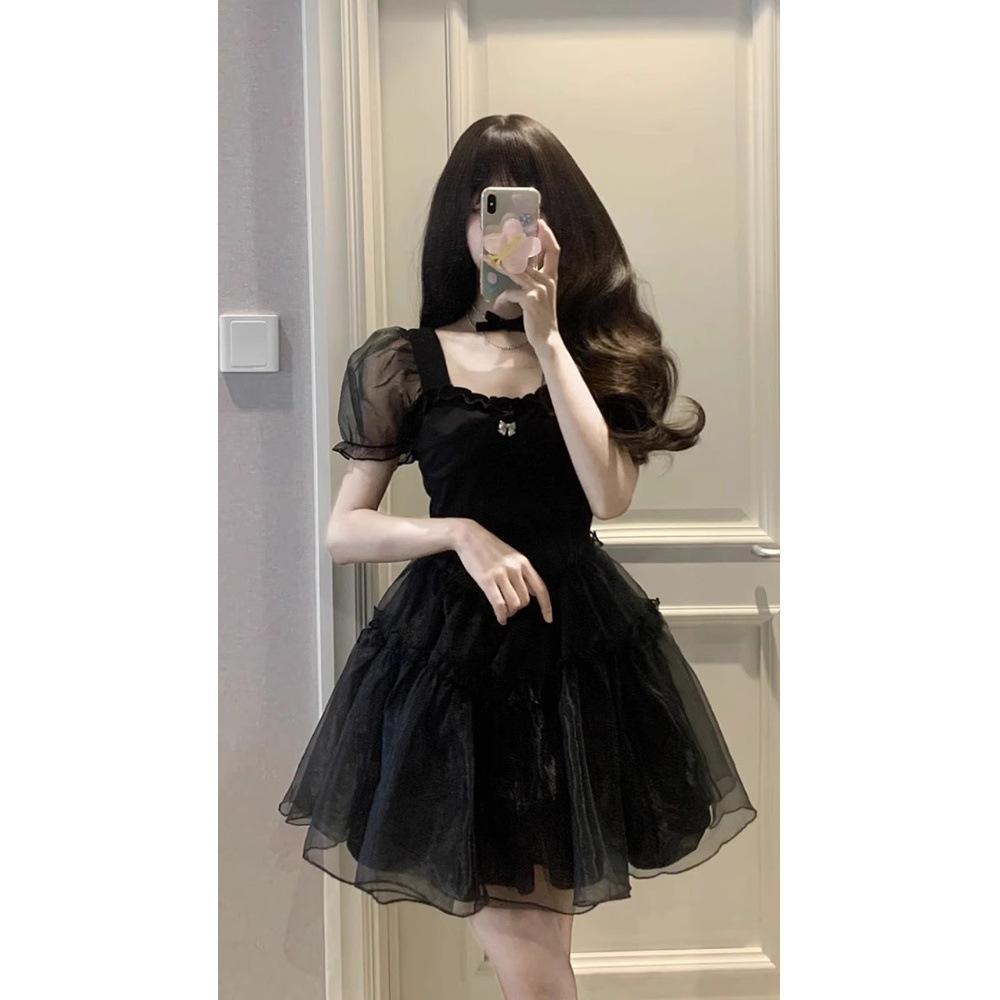 Hepburn Style French First Love High-end Temperament Waist Dress Women's Bubble Sleeve Mesh Stitching Fluffy Princess Skirt