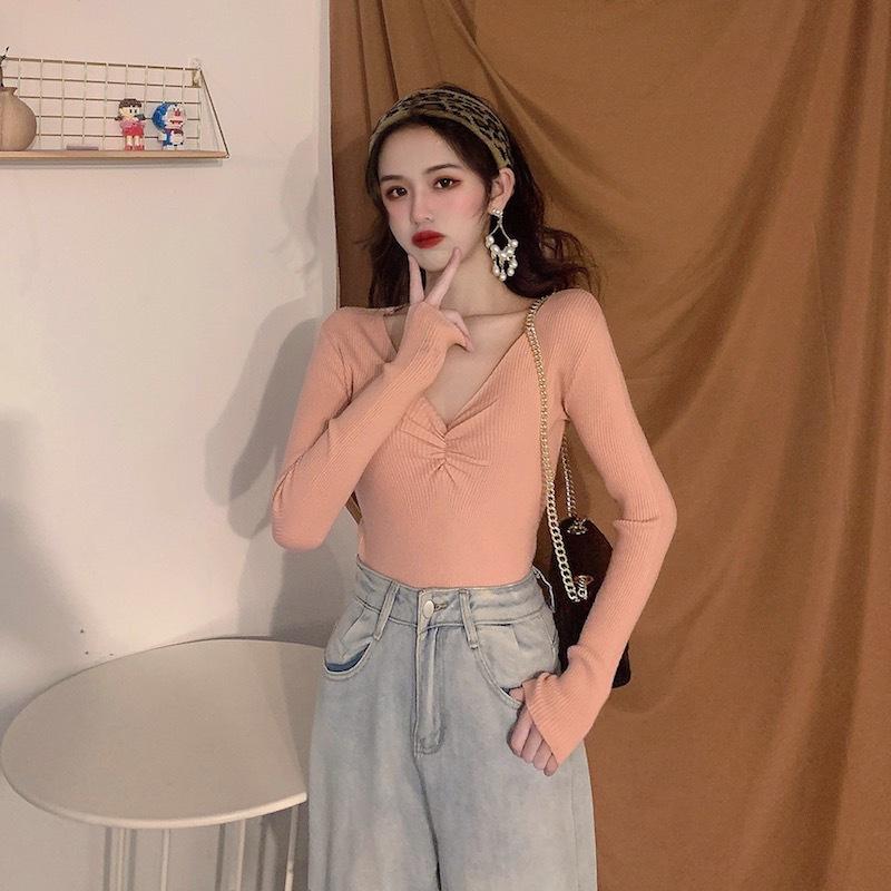 

Осень-зима для женщин с V-образным вырезом сплошной цвет с длинным рукавом плиссированный вязаный низ шикарный свитер OneSize розовый