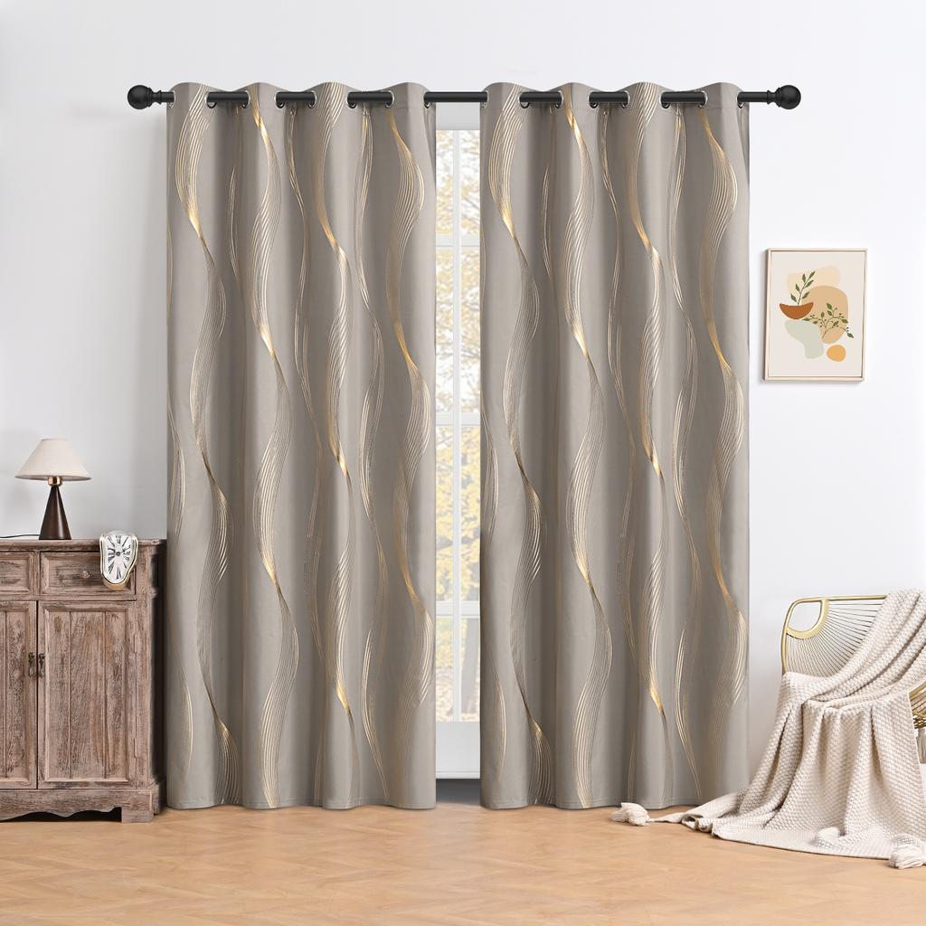 1PC Full Blackout Hot Stamping Wave Pattern Perforated Curtain, Suitable for Hotel Bedrooms and Living Rooms