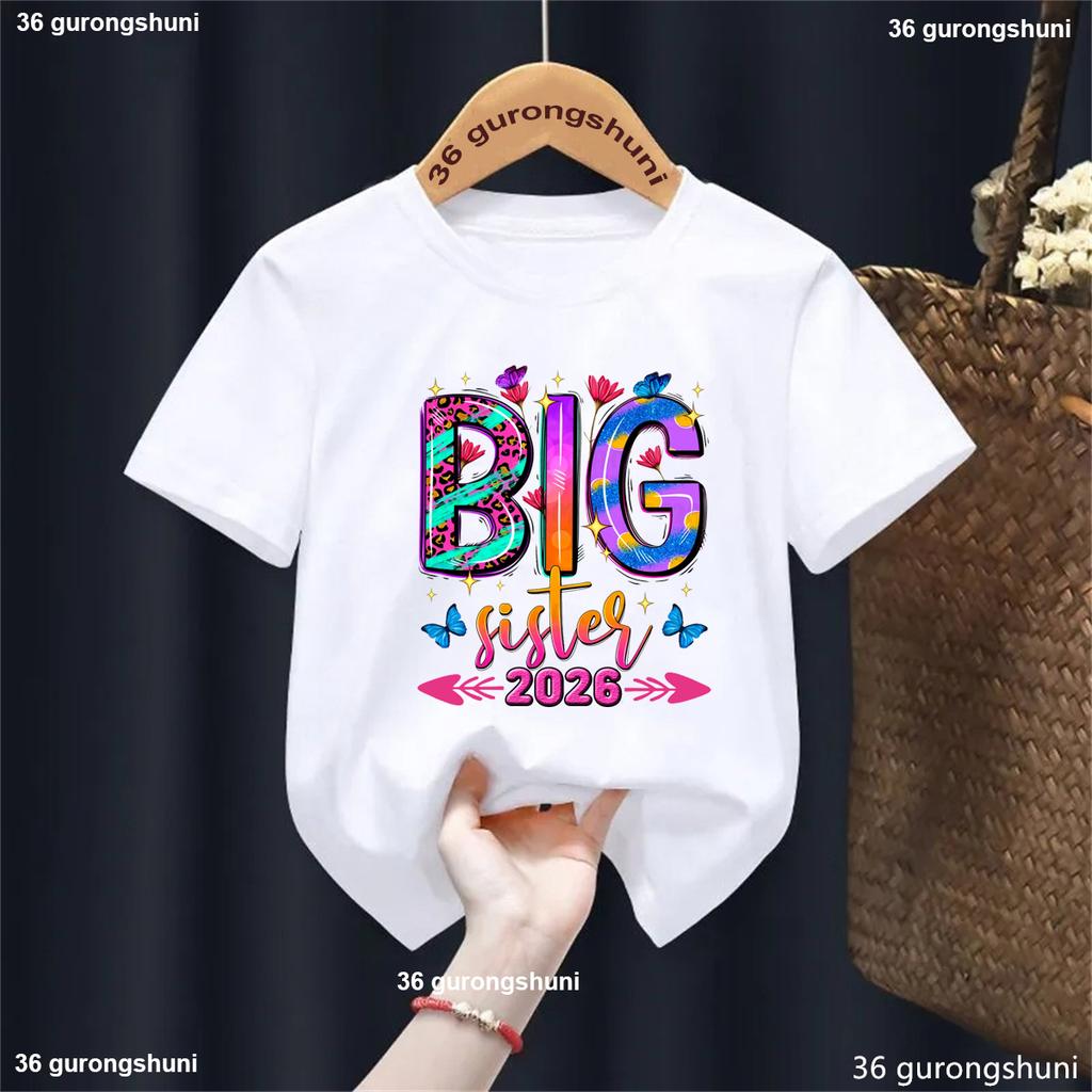 Cute 2026 Girls T-shirt Big Sister LoadingPromoted To Big Sister Tshirt Announcement Kids Shirt Kawaii Girl'S Clothes