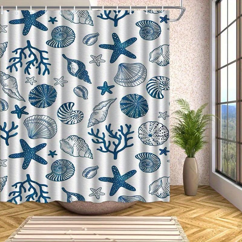 Mediterranean Coastal Shower Curtain With Hooks - Machine Washable Polyester Bathroom Decor, Artistic Starfish & Seashell Design