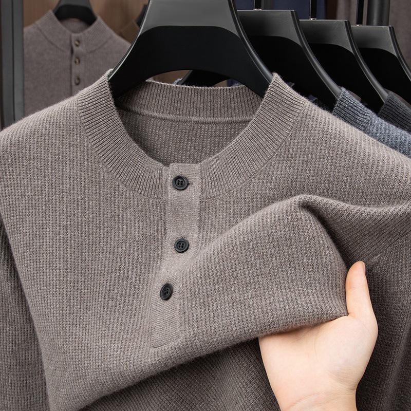 Men's Luxury 100% Cashmere Pullover - Skin-Friendly, Warm Base Layer with Button Collar for All Ages