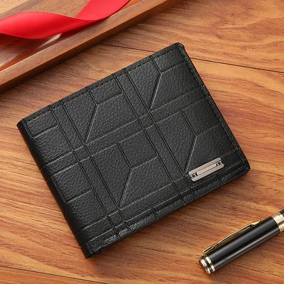 Men's Geometric Pattern Bifold Wallet Modern Soft Touch Leather Compact RFID Blocking Card Slots Minimalist Stamp Logo Design