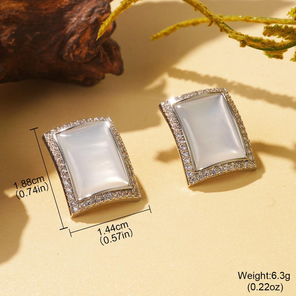 Niche Design Sense Geometric White Shell Square Zircon Earrings New Summer Geometric Earrings Niche Temperament Earrings