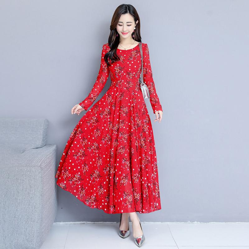 Rochie evazată florală elegantă Rochie de plajă cu mânecă lungă cu gât rotund Fustă A-Line imprimată