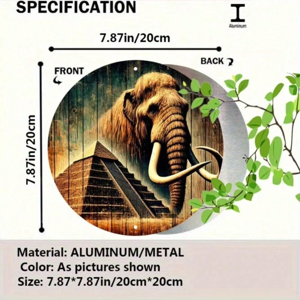 Round Aluminum Metal Wall Art, 2D Printed Vintage Elephant Egyptian Pyramids Home Decor for Garage Living Room