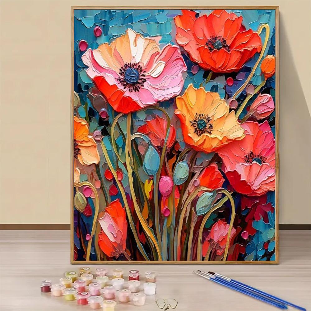 Modern 16x20 Inch Frameless Adult Paint-by-Number Kit Poppy Flower Canvas Painting Set with Brushes and Acrylic Paints