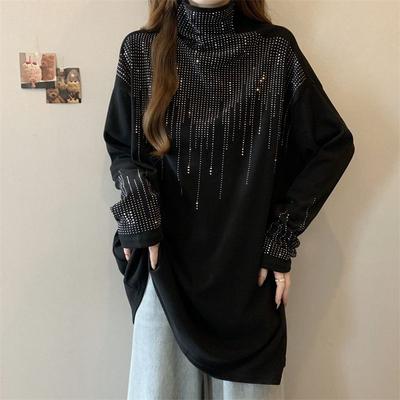 Roupas Femininas Outono Inverno Moda Coreana Strass Grosso Quente Camisetas Básicas Gola Alta Preto Oversized Manga Longa Tops