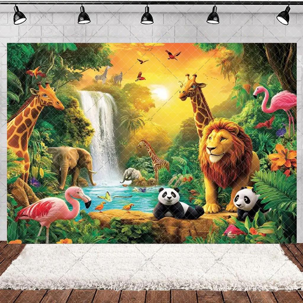 Jungle Wildlife Lion Giraffe Theme Banner Background, Children's Birthday Party, Home Decoration Photography Studio Background