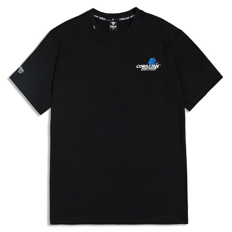 CORALIAN Runoff Blue Rose Mesh Cotton Short Sleeve T-Shirt Black