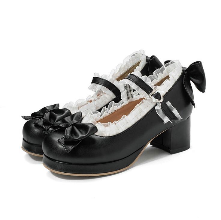 Girls' Shoes Ladies Heels Platform Cute Bow Lace Princess Mary Jane Lolita Shoes Party High Heel Buckle Women Pumps Pink 30-43